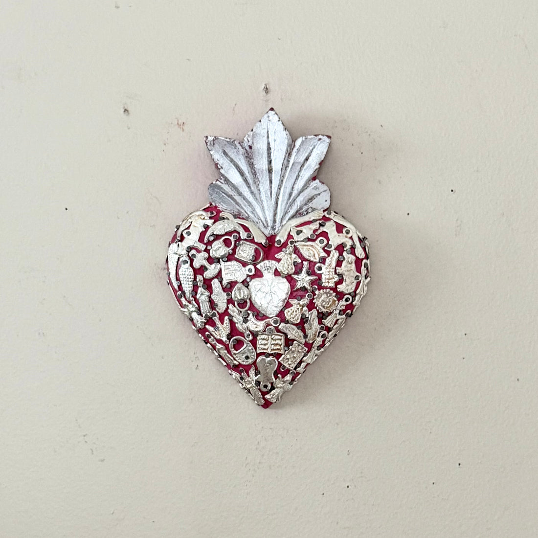 Large Pink and Silver Leaf Milagro Sacred Heart