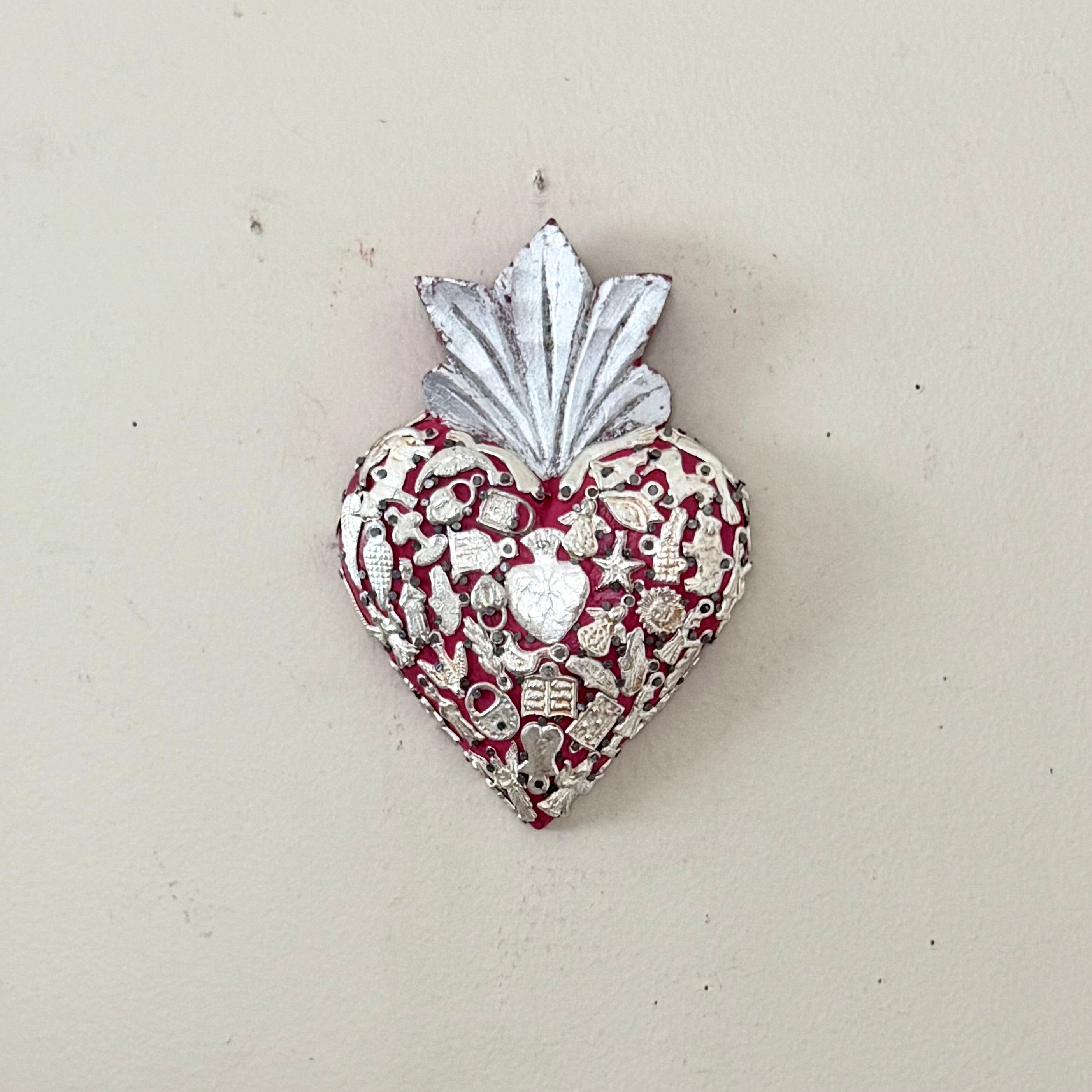 Large Pink and Silver Leaf Milagro Sacred Heart