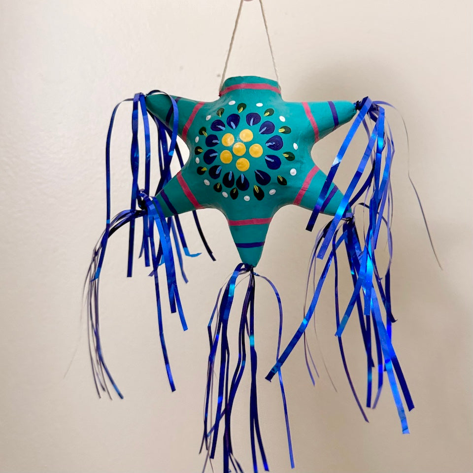 Light Blue with Blue Flowers Paper Mache Piñata Ornament