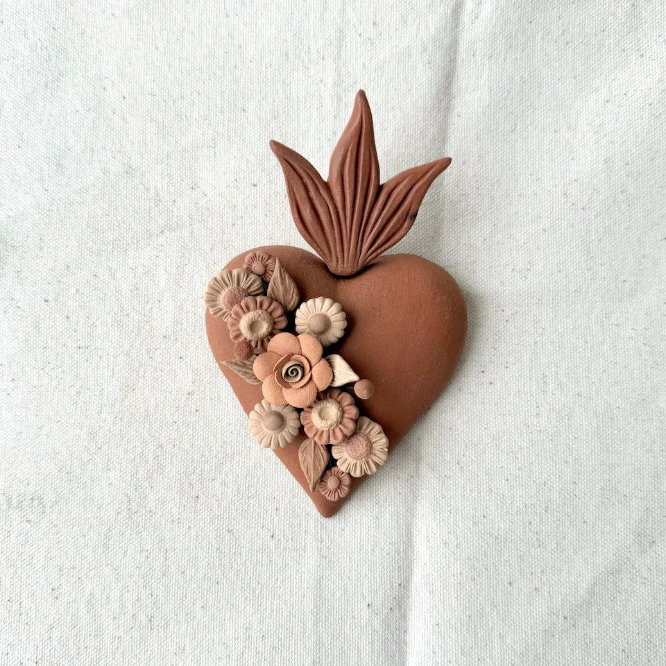 Metepec Sacred  Floral Terracotta Brown Heart