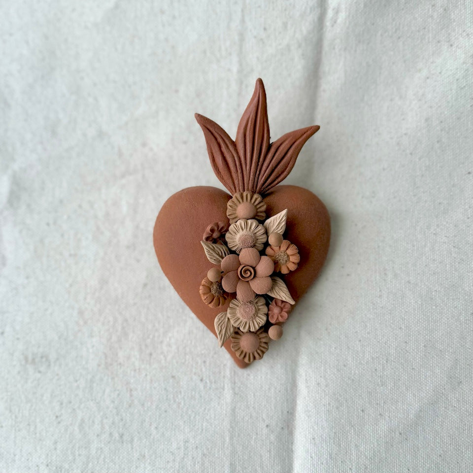 Metepec Sacred  Floral Terracotta Brown Heart